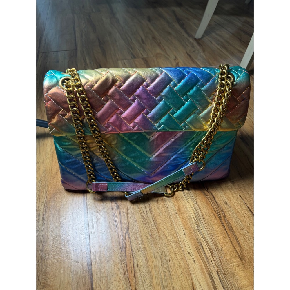 Akira Iridescent Rainbow Metallic Quilted Chevron Gold Chain Shoulder Bag Large